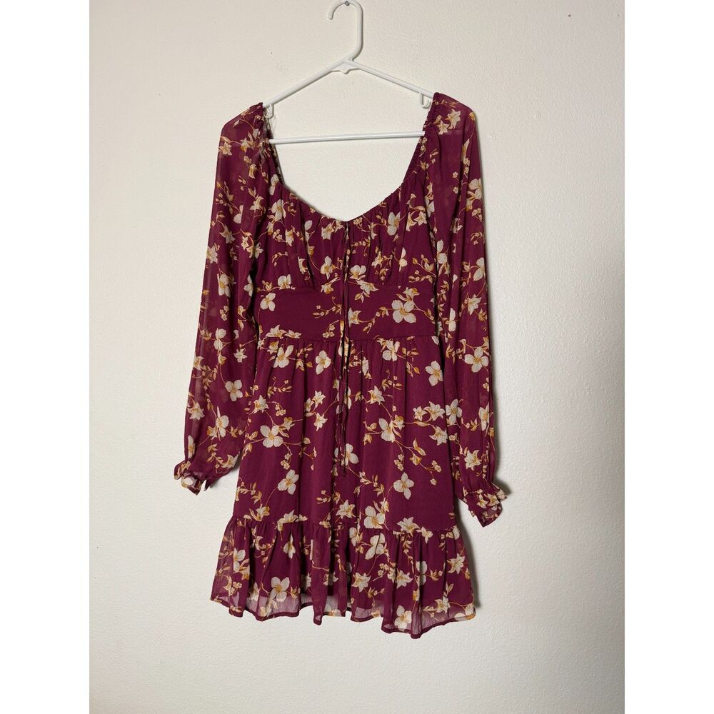 Inspired Hearts Women's M Burgundy Floral Long Sleeve Mini Dress Boho